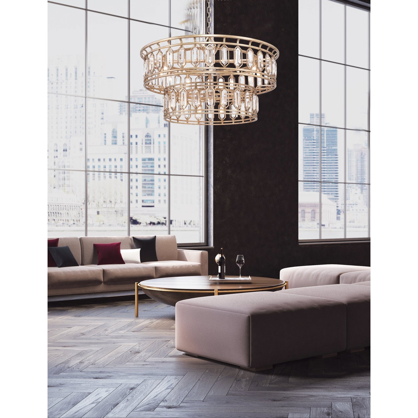 42-Inch Antique Gold Crystal Pendant Light