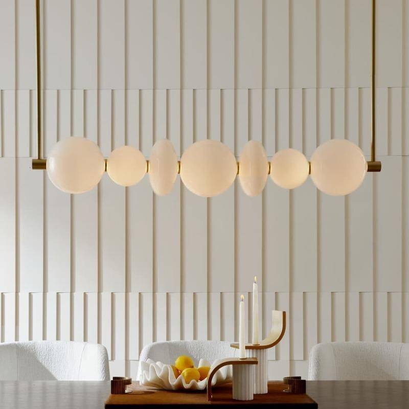 Opal Glass Antique Brass Linear Chandelier / English Bronze